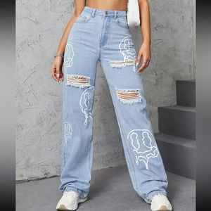 SheIn: Cartoon Face Graphic Ripped Wide Leg Jeans